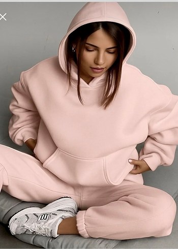 Pembe Kapüşonlu Rahat Kadın sweatshirt 3 iplik şardonlu kumaş
