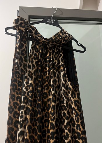 Leopar Desenli Drapeli Uzun Elbise