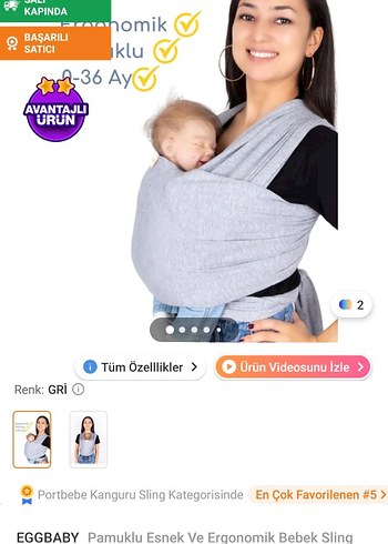 Star Kanguru Bebek Taşıyıcı Gri (egg baby sling hediye) - Görsel 10