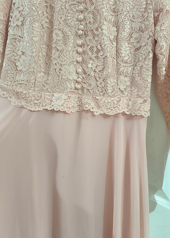 Bej Dantel Detaylı Uzun Kollu Kadın Abiye Elbise - Görsel 3