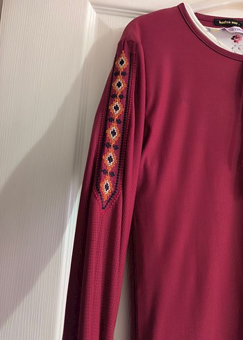 Bordo Nakışlı Uzun Kollu Bohem Bluz - Görsel 3