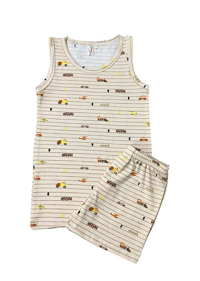 Erkek çocuk bej araba desen atlet boxer takım - Görsel 2