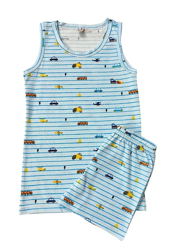 Erkek çocuk pamuklu mavi araba desen atlet boxer takım - Görsel 2