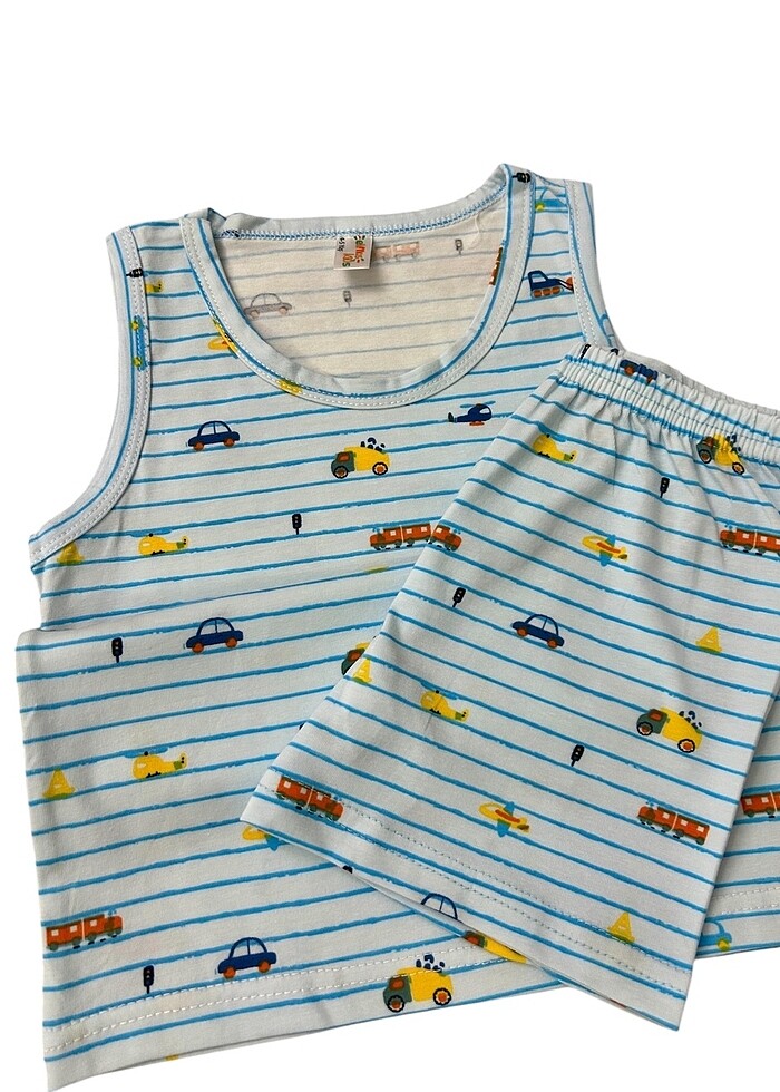 Erkek çocuk pamuklu mavi araba desen atlet boxer takım - Görsel 3