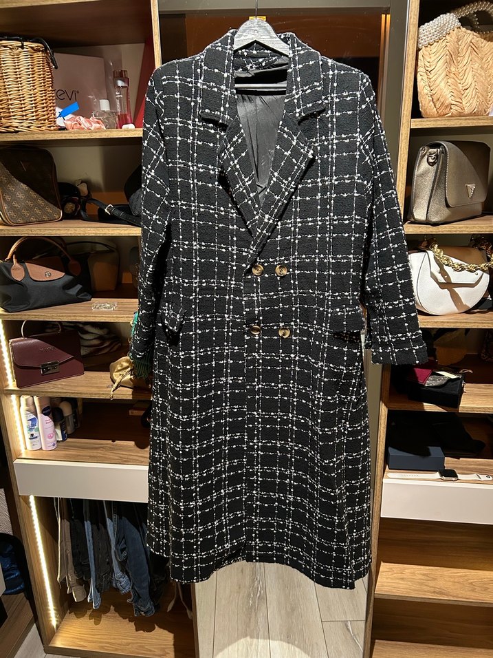 Düğmeli Siyah tüvit Kadın Uzun kaban - Görsel 2