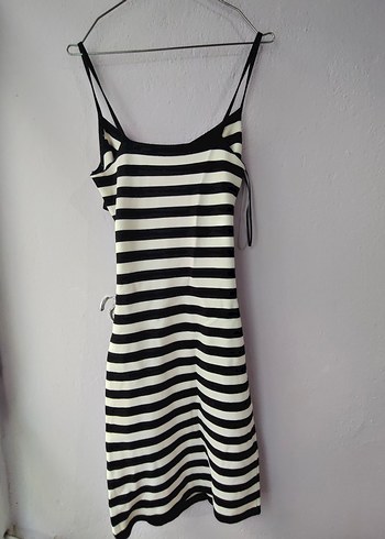 Mavi jeans S beden çizgili Drapeli Midi Triko Elbise - Görsel 6