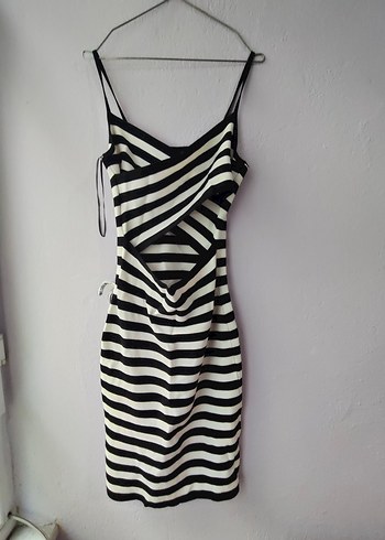 Mavi jeans S beden çizgili Drapeli Midi Triko Elbise - Görsel 2