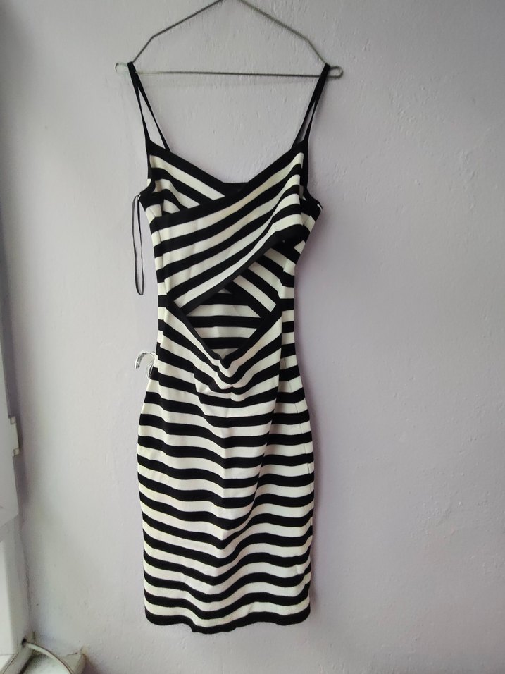 Mavi jeans S beden çizgili Drapeli Midi Triko Elbise - Görsel 2