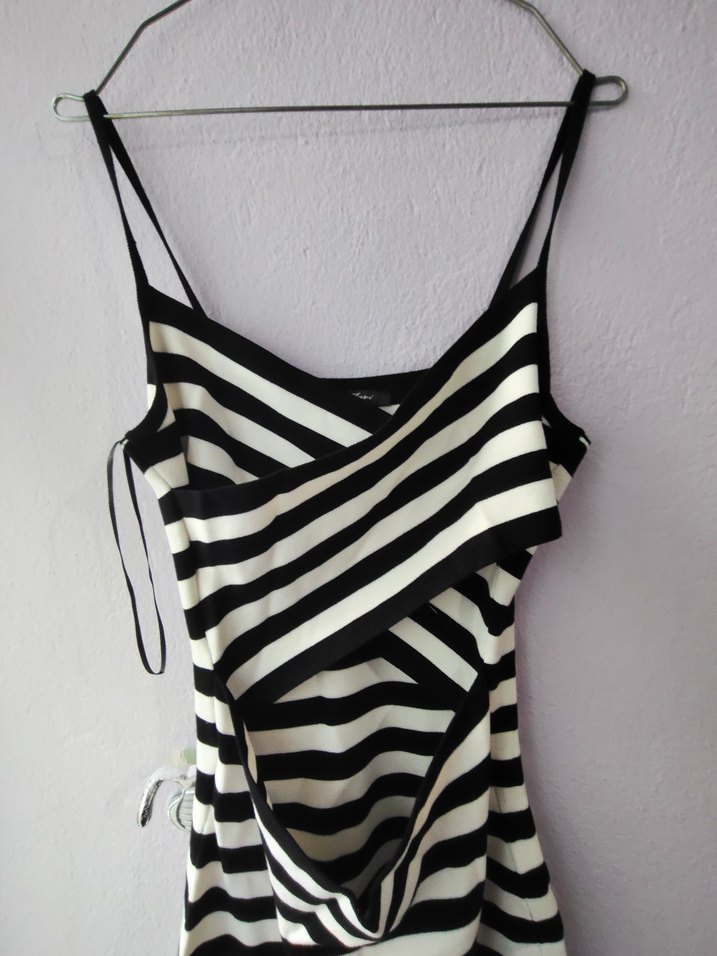 Mavi jeans S beden çizgili Drapeli Midi Triko Elbise - Görsel 3