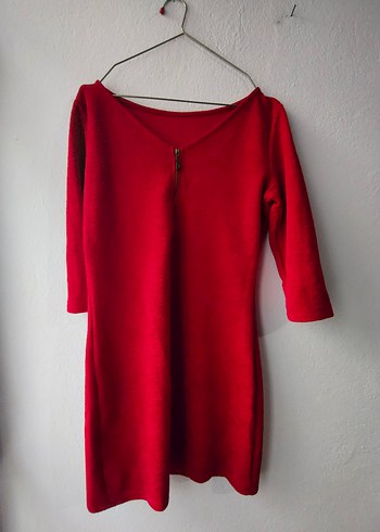 Kırmızı V Yaka Midi Triko Elbise - Görsel 3