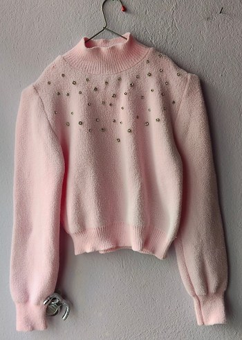 Pembe Yüksek Yaka Triko Kadın Kazak - Görsel 3