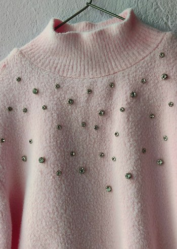 Pembe Yüksek Yaka Triko Kadın Kazak - Görsel 4