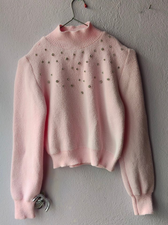 Pembe Yüksek Yaka Triko Kadın Kazak - Görsel 3