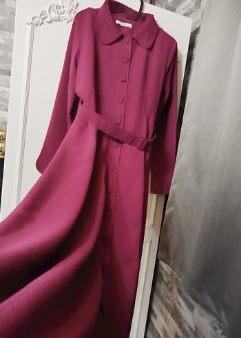 Bordo Uzun Düğmeli Kadın Dış giyim - Görsel 3