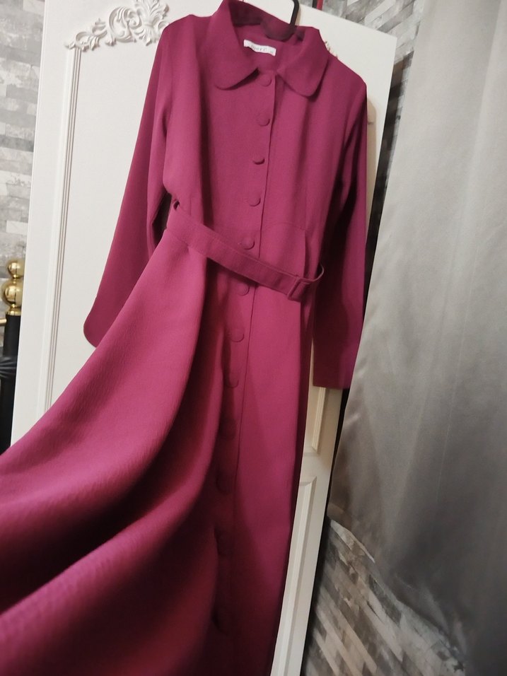 Bordo Uzun Düğmeli Kadın Dış giyim - Görsel 3