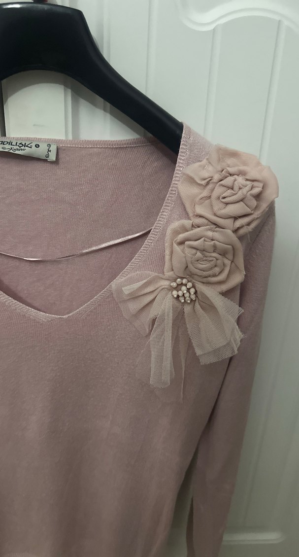 Pembe V Yaka Triko Kadın Kazak - Görsel 2