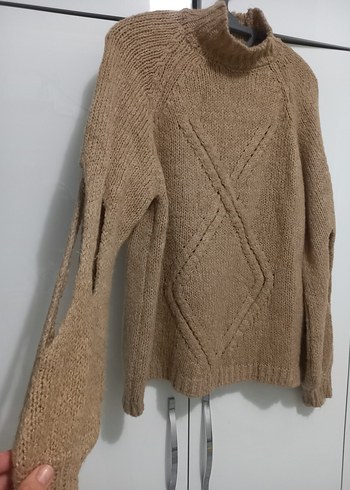 Bej Yüksek Yakalı Örgü Kadın Kazak m beden - Görsel 2