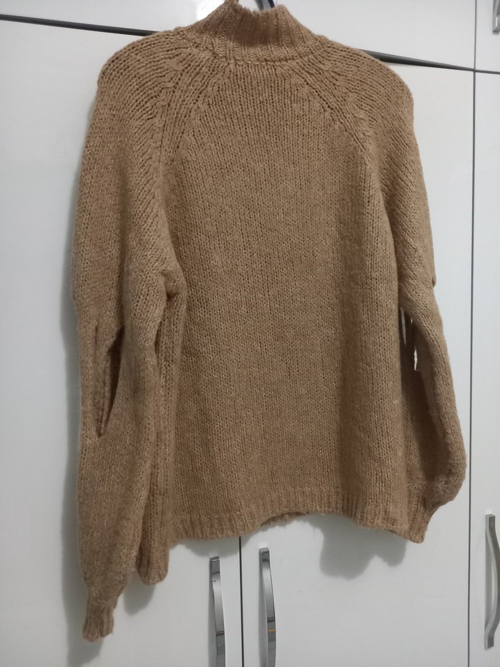 Bej Yüksek Yakalı Örgü Kadın Kazak m beden - Görsel 4