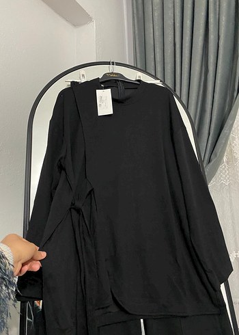 m Beden Siyah Keten Bol Kesim Kadın Takım Elbise
