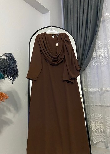 l Beden Drapeli Uzun Kahverengi Kadın Elbise