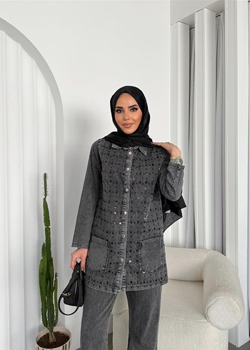 Diğer Gri Nakışlı Uzun Denim Ceket