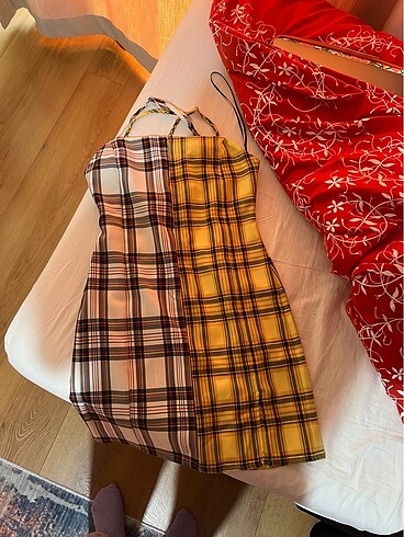 Bershka bershka ekoseli iki renk mini elbise