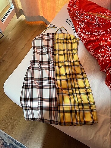 bershka ekoseli iki renk mini elbise