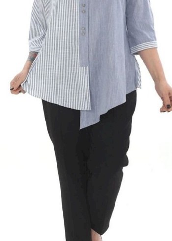 Gri V Yaka Düğmeli Kadın Keten Gömlek - Görsel 6