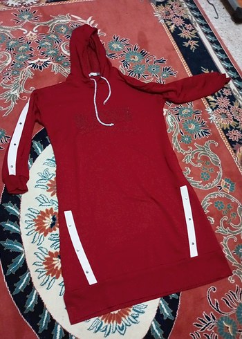 Kadın bordo Kapüşonlu Uzun Sweatshirt - Görsel 4