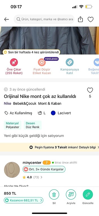 12-13 Yaş Beden Nike mont