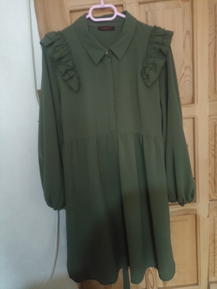 Kadın Koyu Haki Uzun Kollu Fırfırlı Tunik - Görsel 2