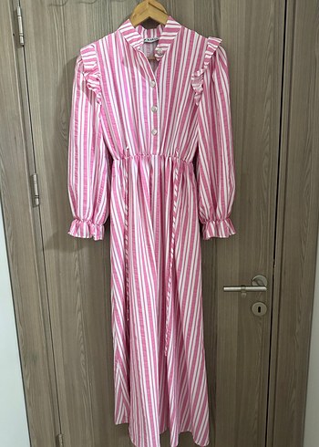 Pembe Çizgili Uzun Kollu Volanlı Elbise - Görsel 2