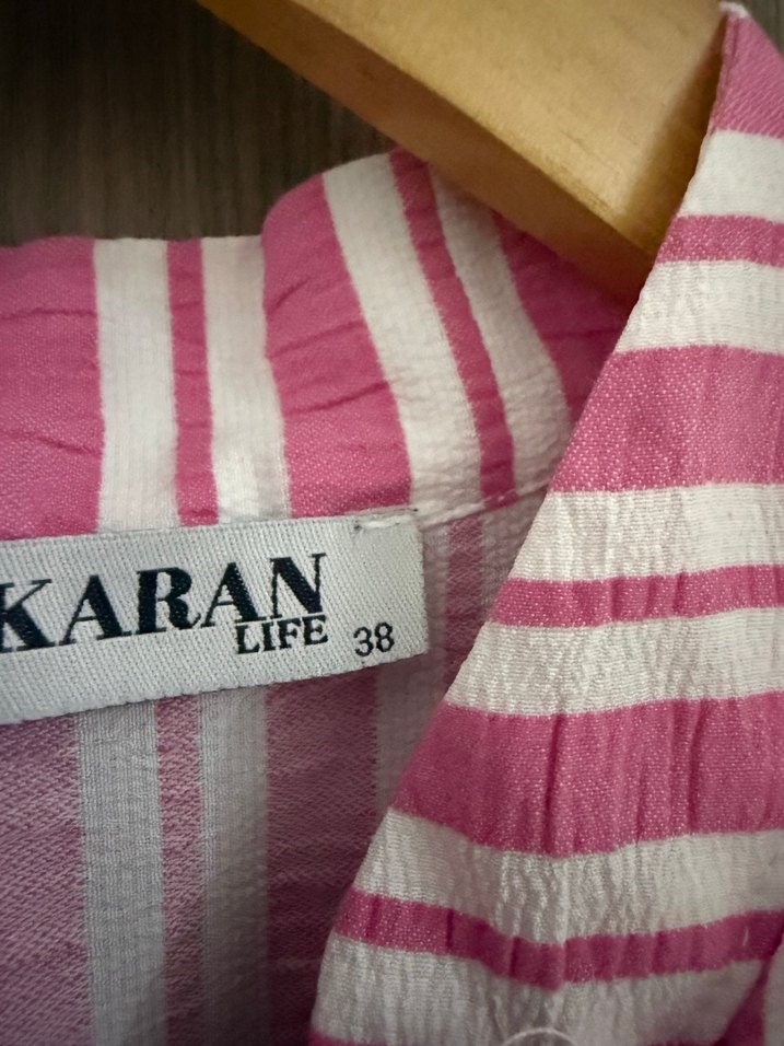 Pembe Çizgili Uzun Kollu Volanlı Elbise - Görsel 4