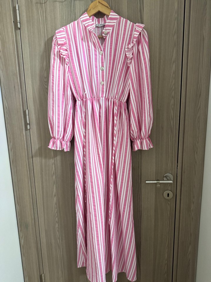 Pembe Çizgili Uzun Kollu Volanlı Elbise - Görsel 2