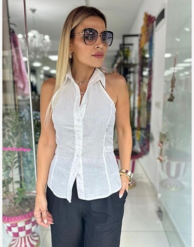 Halter yaka keten gömlek