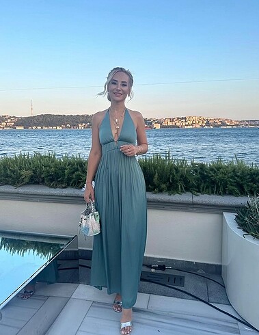 l Beden turkuaz Renk Zara sırt detaylı şık elbise
