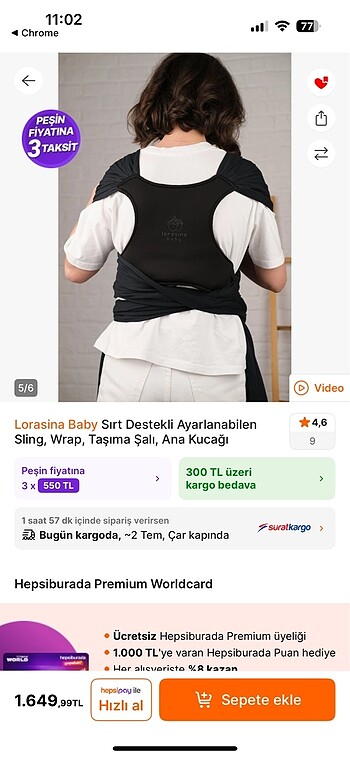 Lorasina baby sırt destekli sling