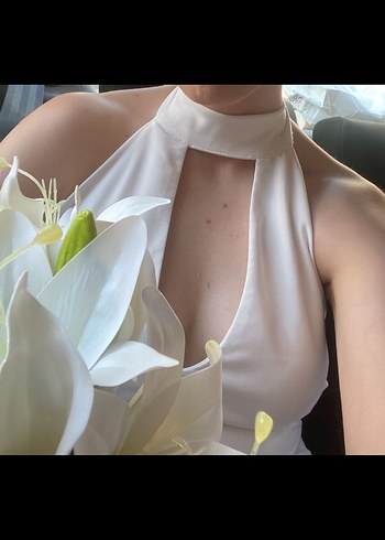 V Yaka Strappy Midi Beyaz Gelinlik