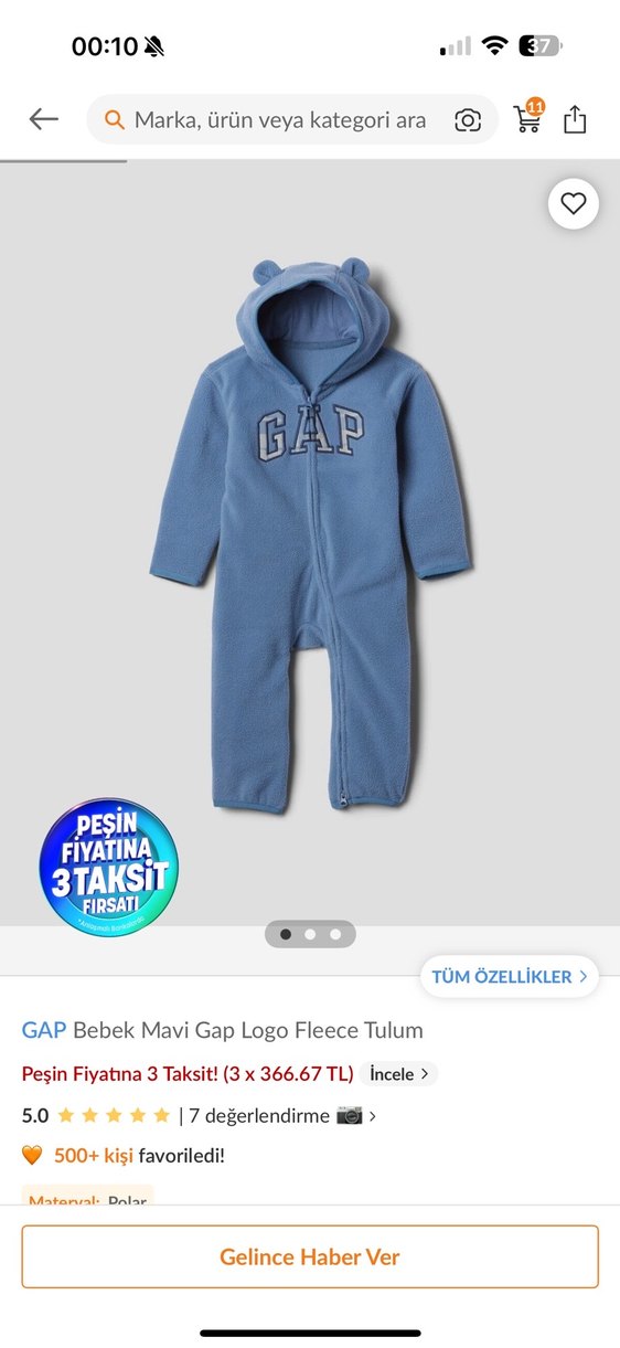 GAP Erkek Bebek Mavi Fermuarlı Tulum - Görsel 4