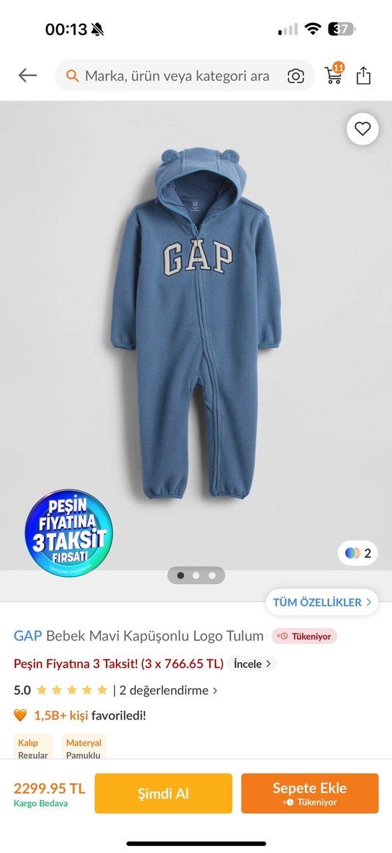 GAP Erkek Bebek Mavi Fermuarlı Tulum - Görsel 5