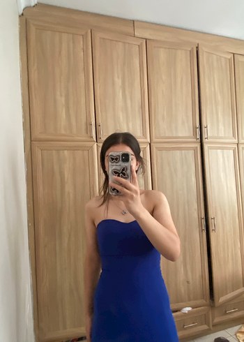 Kadın Lacivert Drapeli Uzun Abiye Elbise - Görsel 4