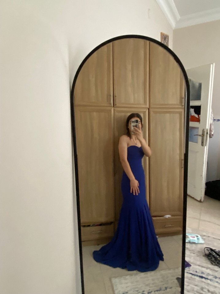 Kadın Lacivert Drapeli Uzun Abiye Elbise - Görsel 2