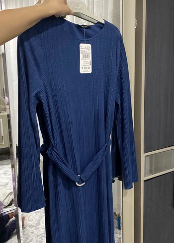 Uzun Kollu Lacivert Kemerli Elbise - Görsel 3