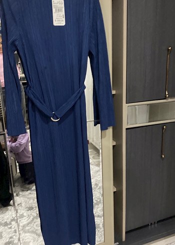 Uzun Kollu Lacivert Kemerli Elbise - Görsel 4