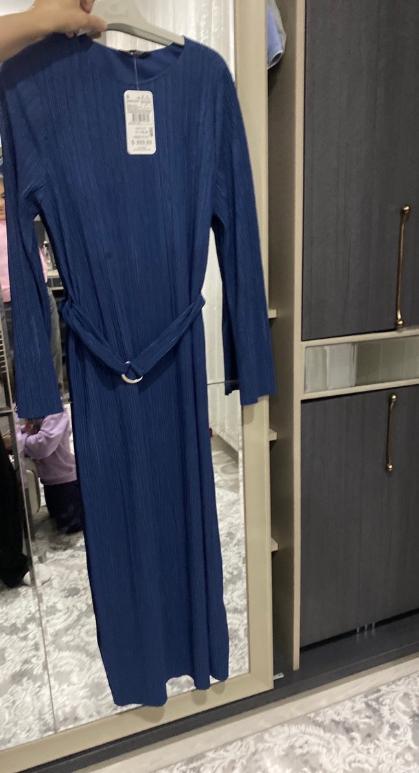 Uzun Kollu Lacivert Kemerli Elbise - Görsel 4