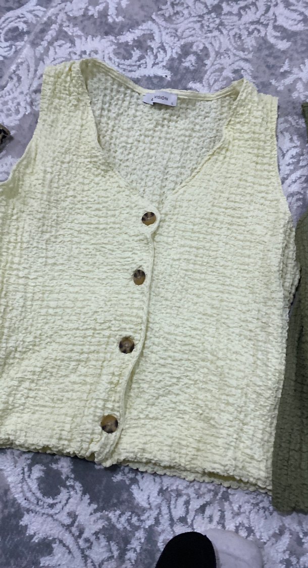 Kadın Keten V Yaka Düğmeli Süveter - Görsel 3