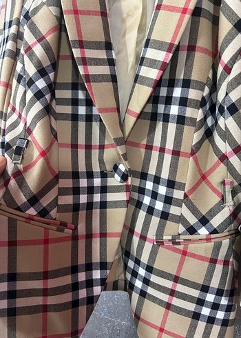 Düğmeli Kahverengi Ekose Kadın Blazer Ceket - Görsel 5