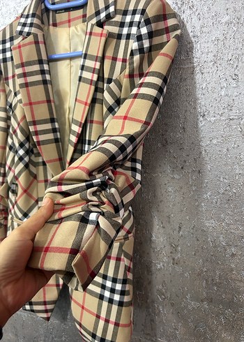 Düğmeli Kahverengi Ekose Kadın Blazer Ceket - Görsel 2