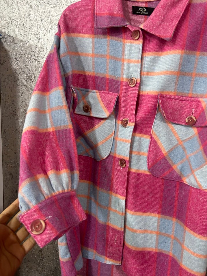 Düğmeli, Bol Kesim Pembe Kadın Gömlek - Görsel 4