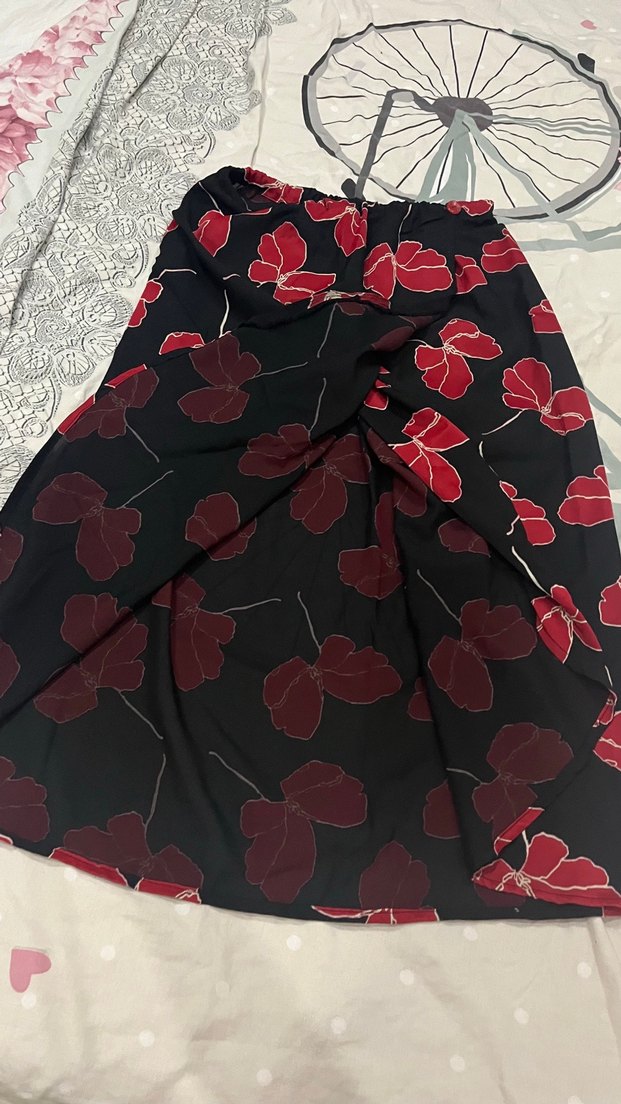 Kırmızı Çiçek Desenli Uzun  Etek - Görsel 5